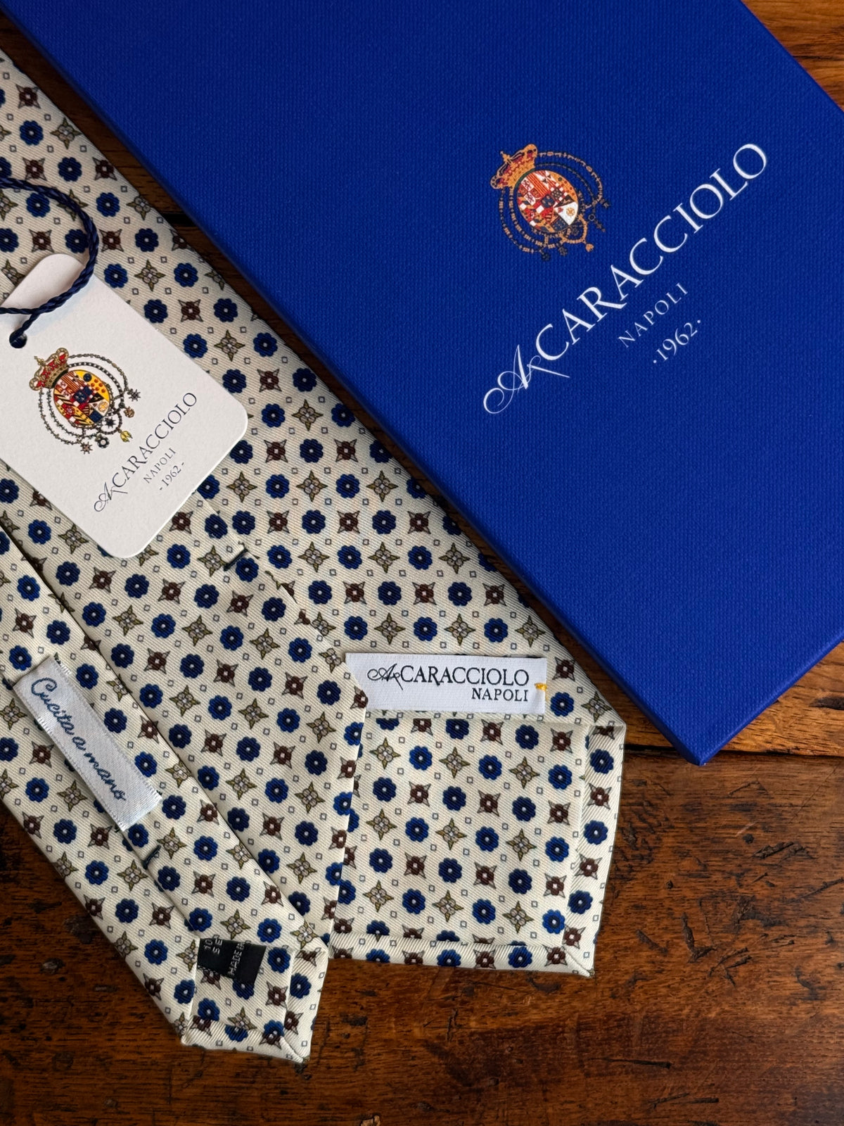 Krawat Caracciolo Beige Navy Flowers