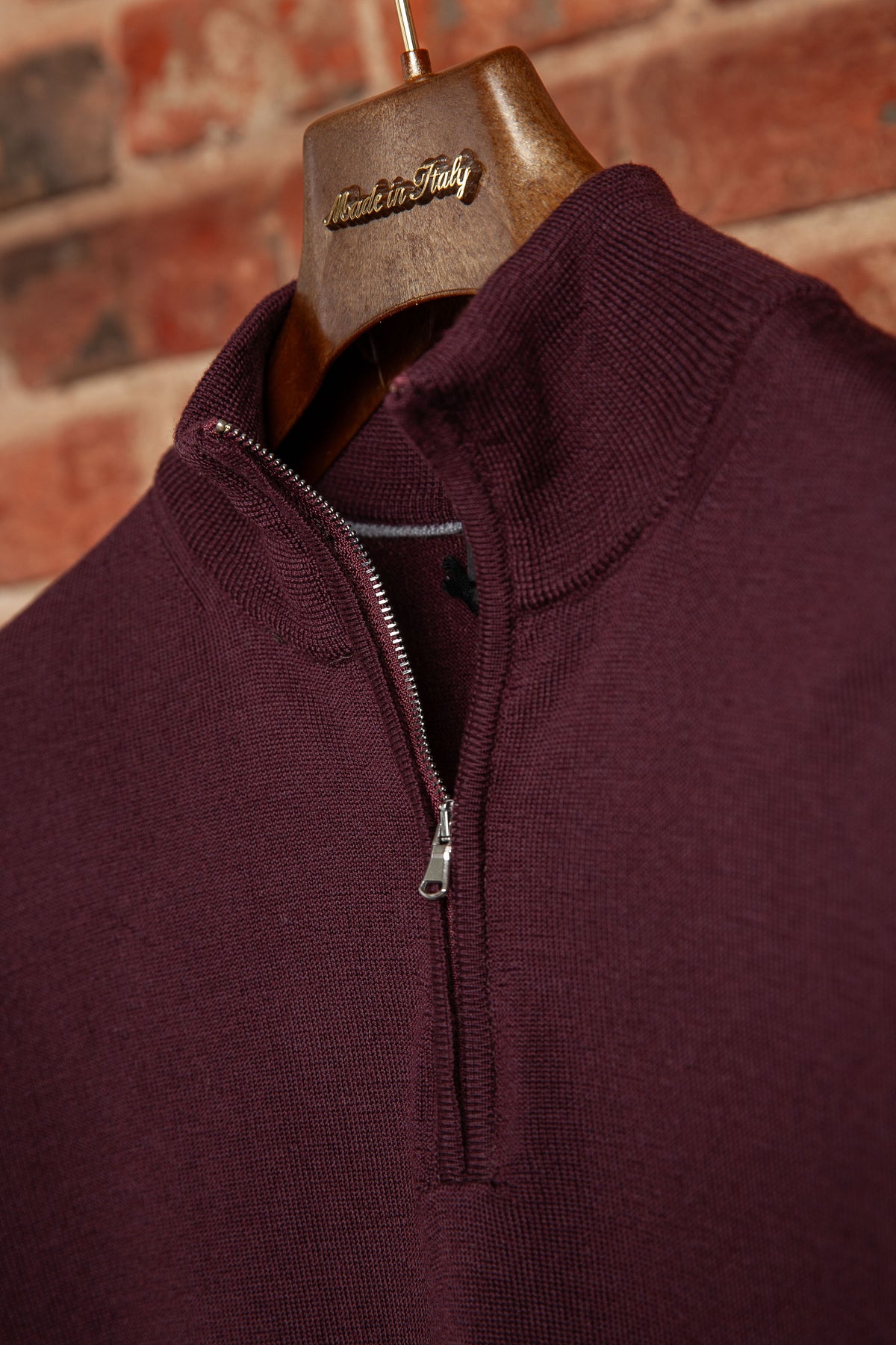 Sweter Half-Zip Bordowy z Wełny Merino